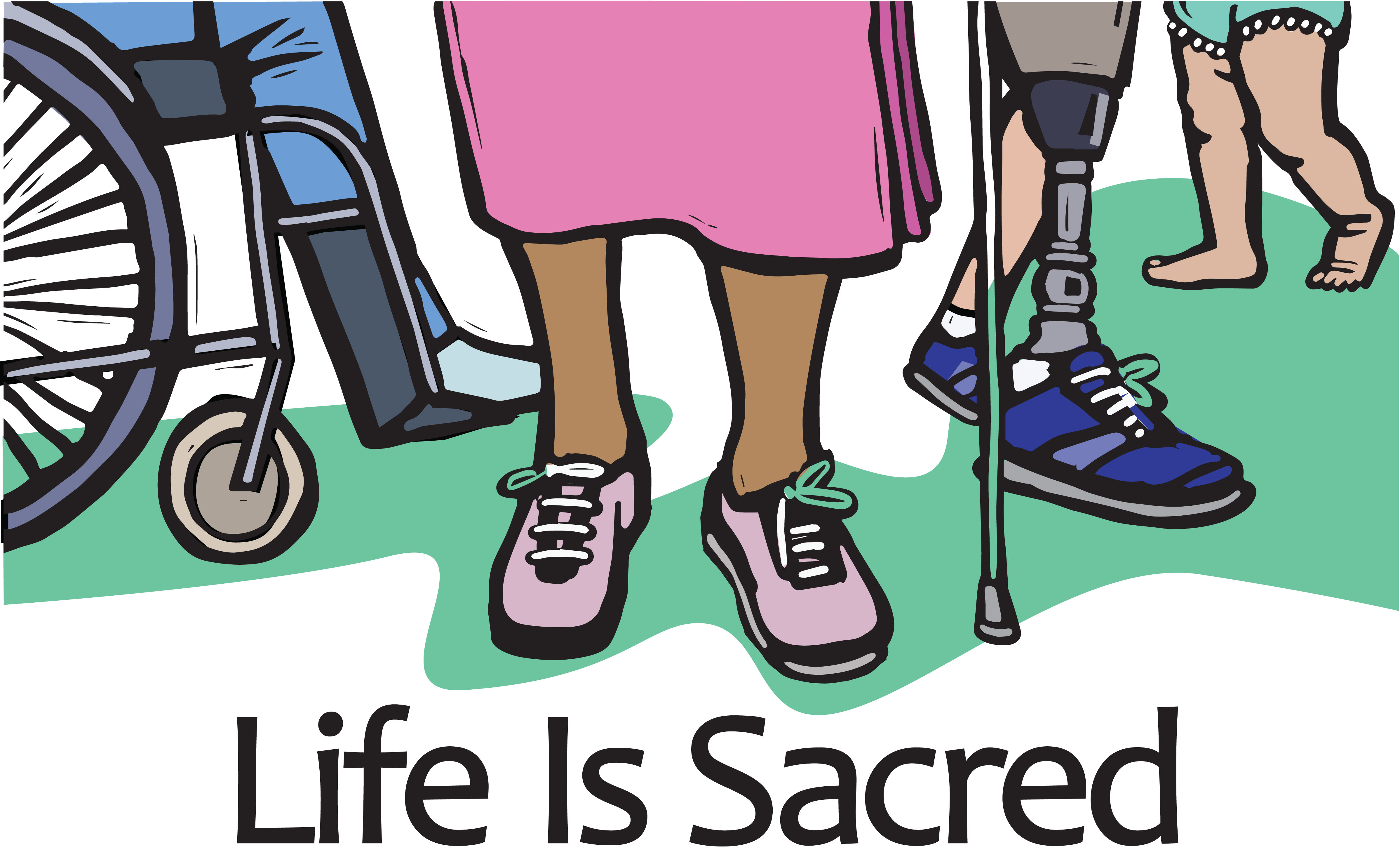 multiple feet with leg prosthesis, cane, wheel chair and words Life is Sacred